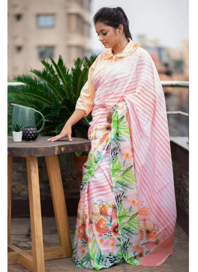 Plain Linen Light Pink Casual Wear Digital Printed Saree